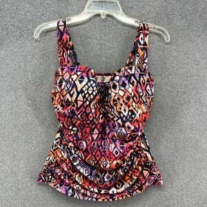 Profile by Gottex Tankini Top Womens 38D Multicolor Geometric Ruched Swimwear